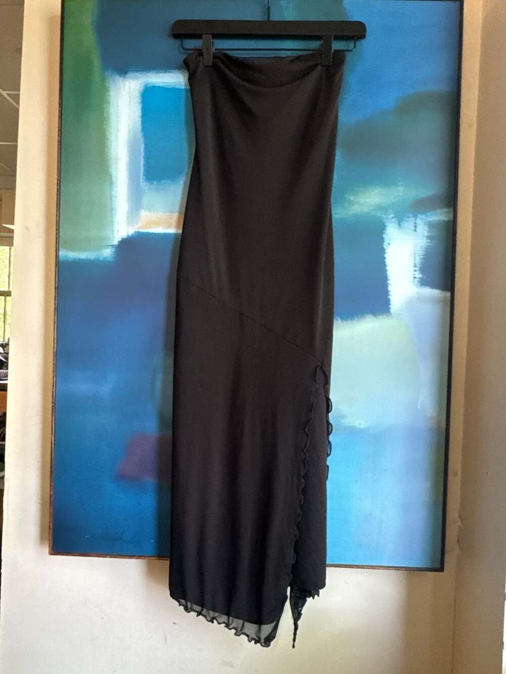 Urban Outfitters Black Strapless Asymmetric Midi Dress with Ruffle Lace Trim